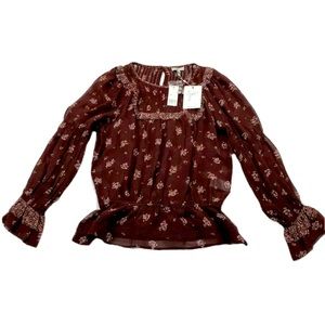 Joie Adrielle Blouse Womens Size Small Silk Long Sleeve Elastic Waist Red Floral